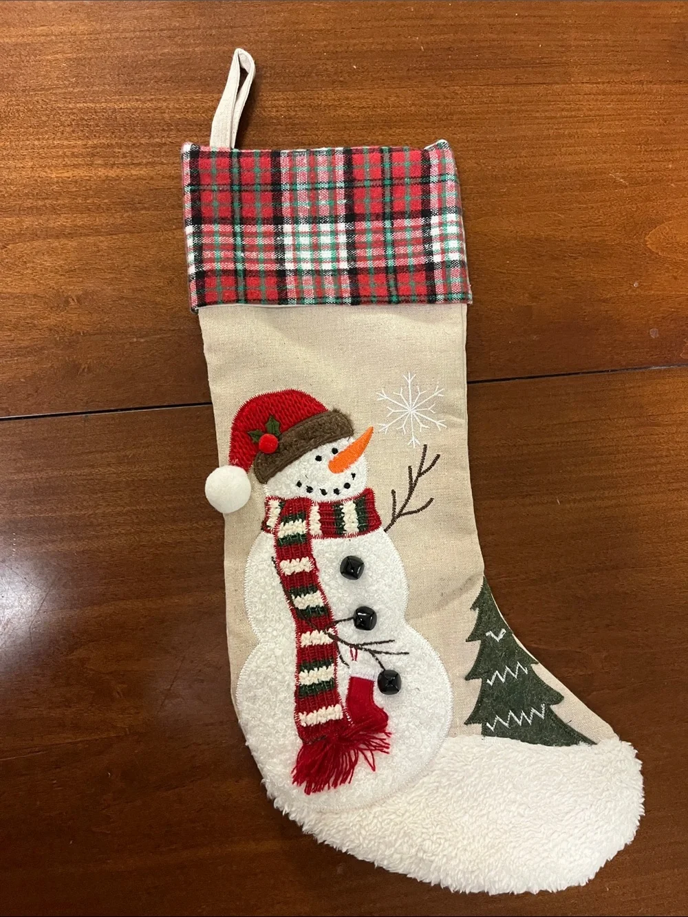 Plaid-Trim Holiday Stockings Set with Santa, Snowman & Reindeer - Cream and Red
